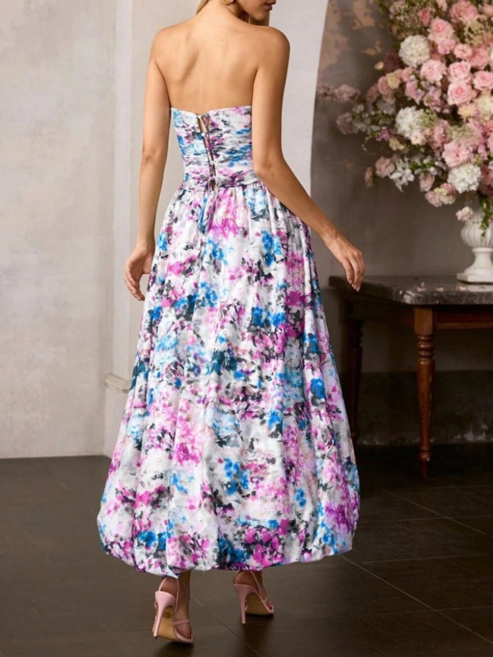 Blue Floral Print Strapless Maxi Dress with Pleated Bodice - Picture 3 of 6